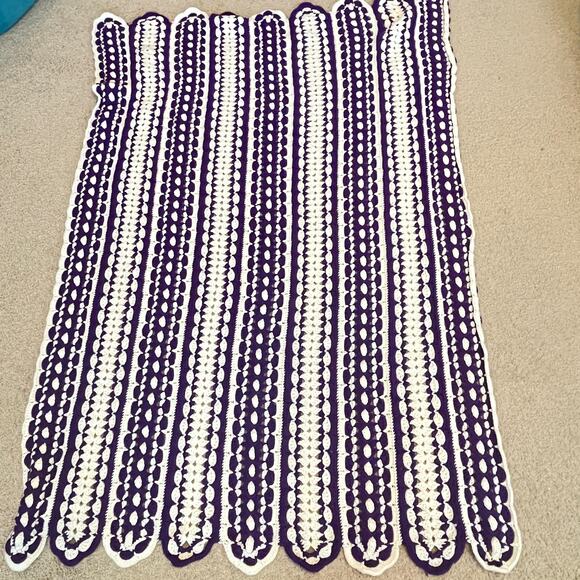 Vintage Crochet Afghan Blanket Striped Purple White - Picture 1 of 4